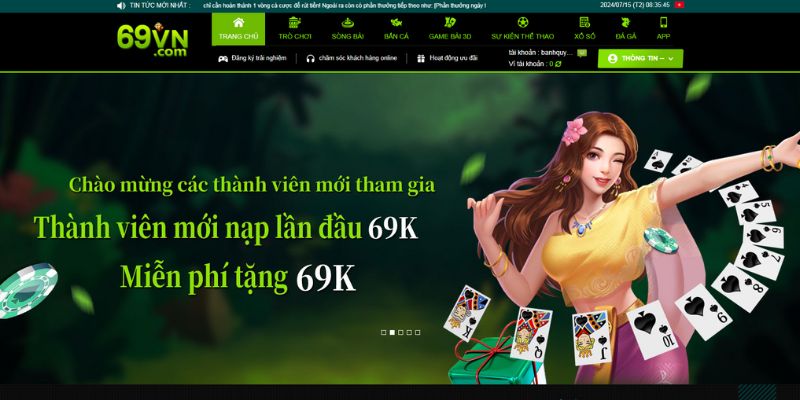 Giao diện website chuẩn 100% của nhà cái 69VN