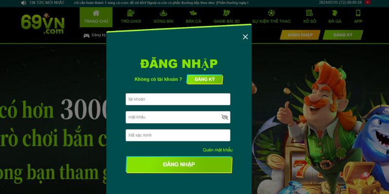 Màn hình web login tài khoản cược